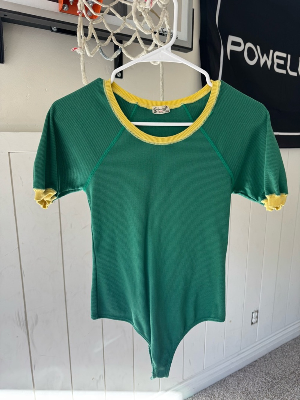 Free People Green Ribbed Bodysuit with Yellow Trim
